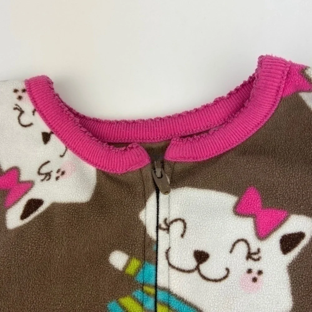 Carters Girls Pajamas Size 6 Fleece Cat Print Zip Up 1 Piece Footless Pajamas